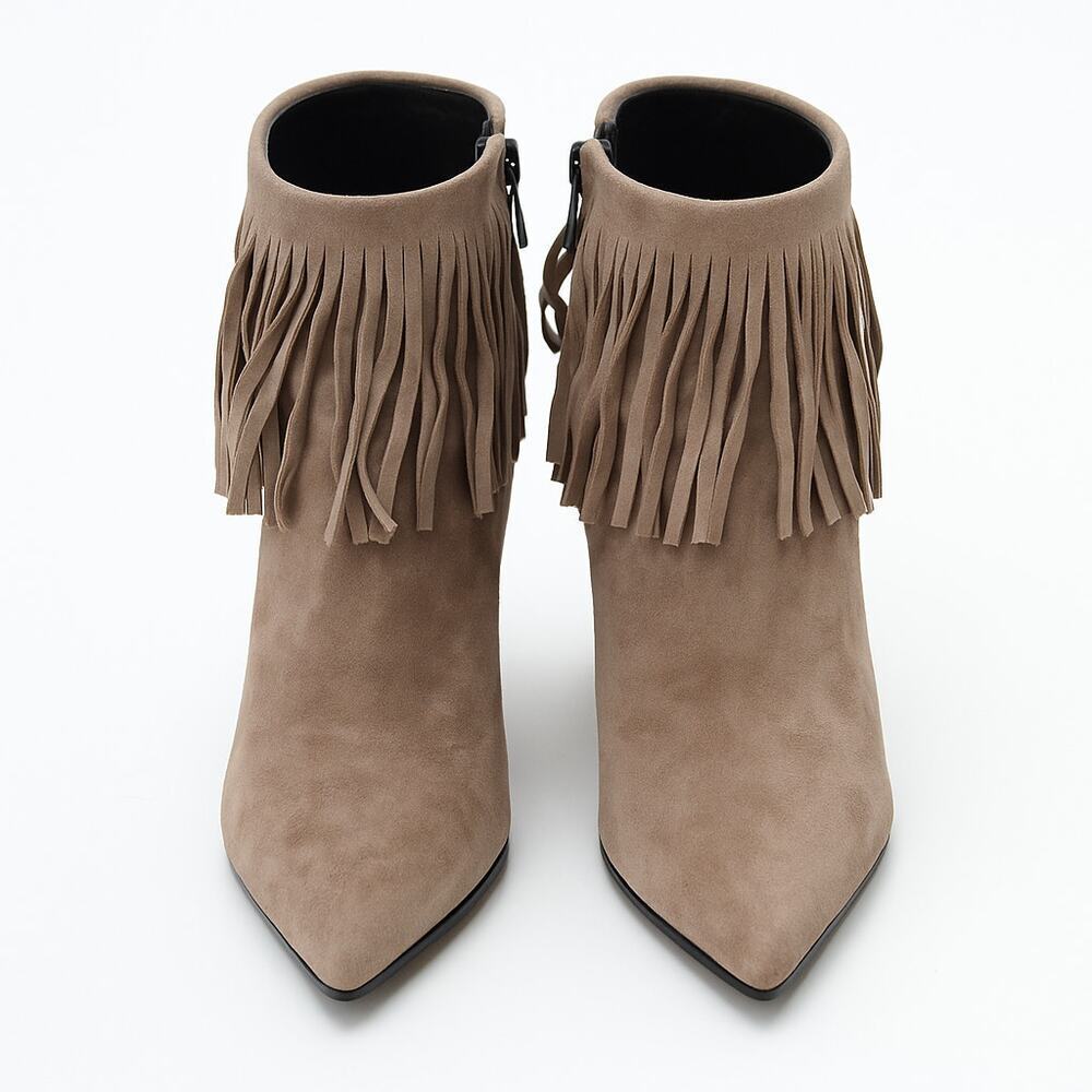 Stuart Weitzman Fringetimes Fossil Suede Fringe Ankle Boots Size 7.5 Pointed Toe